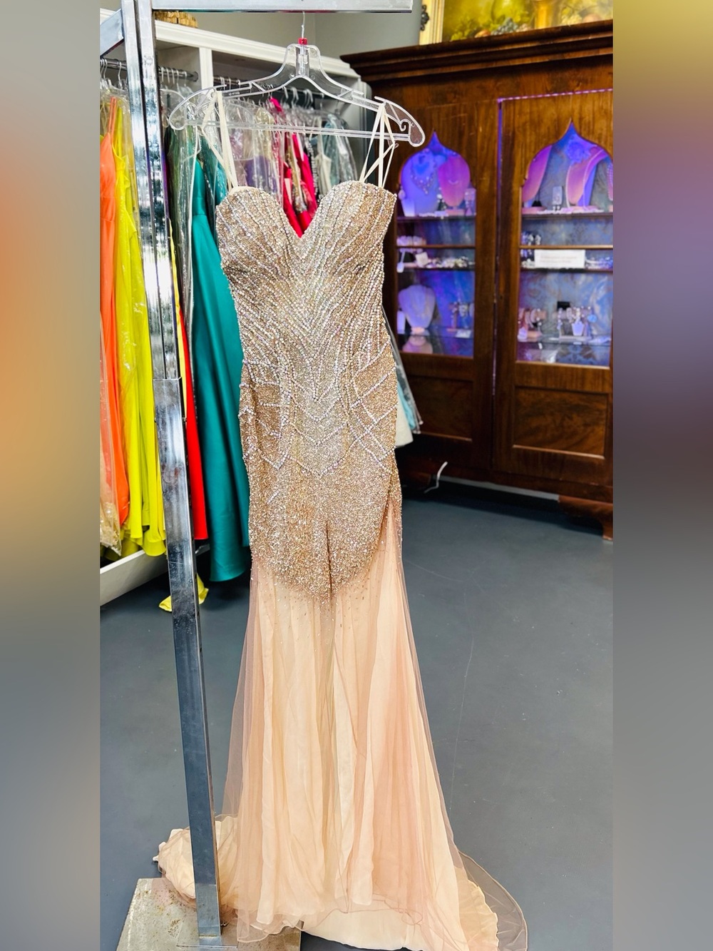 Claire's Beaded Champagne and Nude Strapless Prom Gown